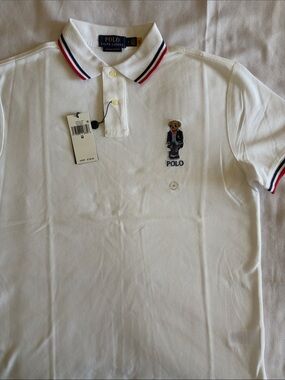 Polo by Ralph Lauren White Bear Polo with Red & Navy Collar Trim